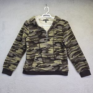 Derek Heart Coat Women's Large Fuzzy Green Camo Sherpa Lined 1/4 Zip Hooded‎